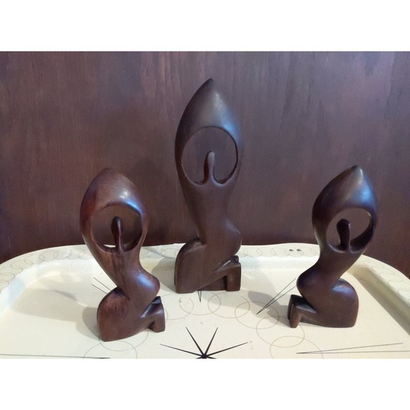 Hand Carved African Sculpture Lot of 3 Wood Abstract Family Figurines 6 & 8 inch - Picture 4 of 10